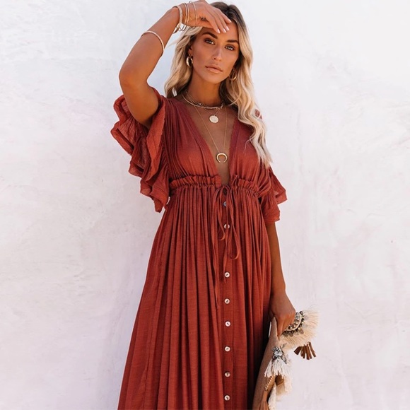 SOLD OUT Red Gauze Boho Button Maxi Dress - Picture 7 of 10